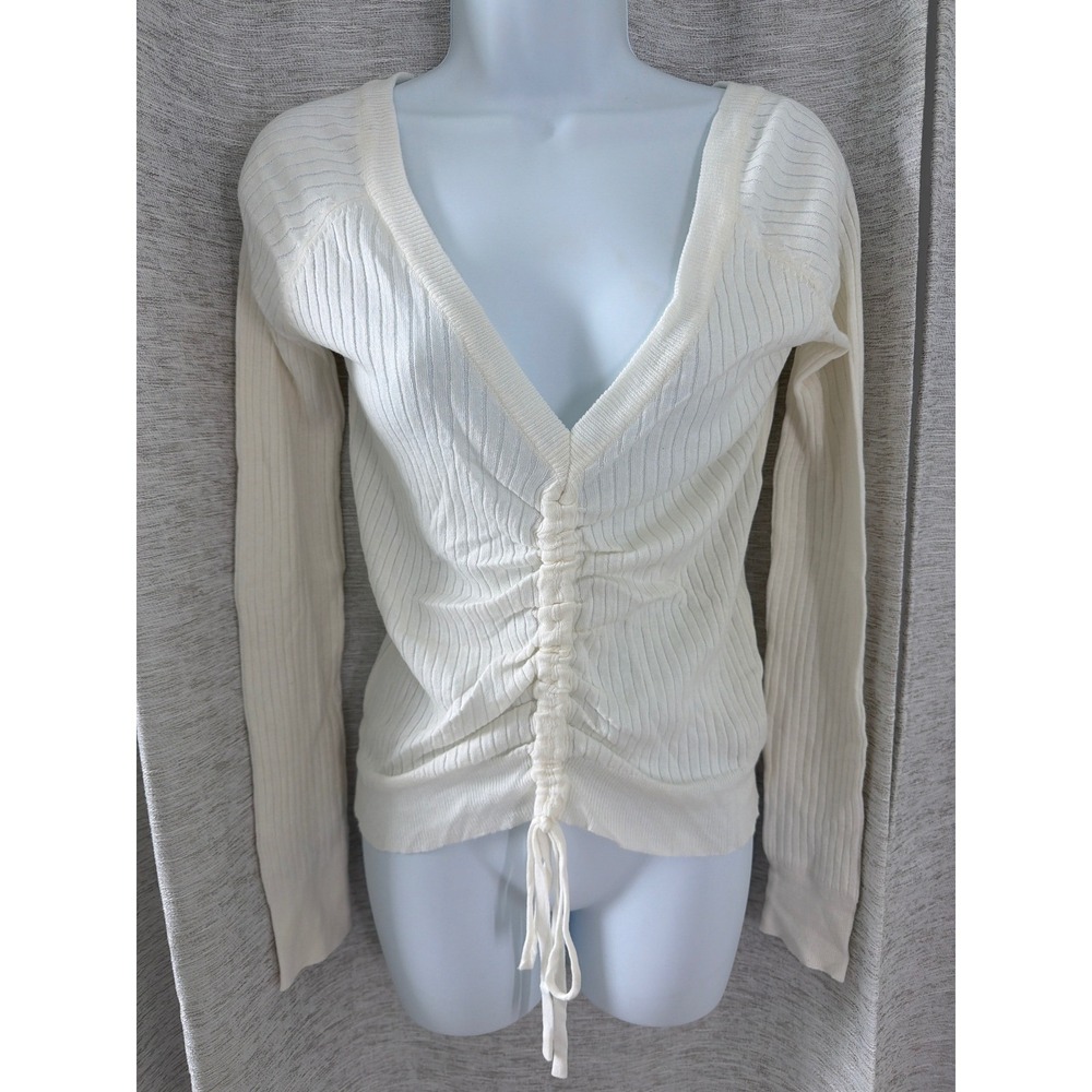 English Factory Ribbed Ruched V-Neck Long Sleeve Top Cream size xs NWT